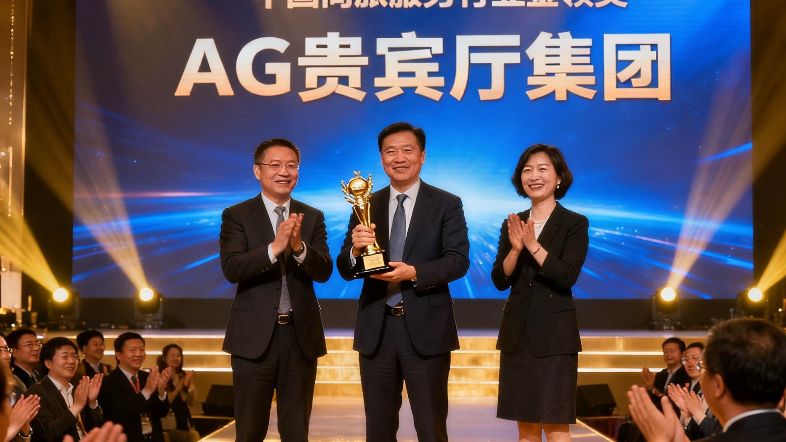 AG贵宾厅集团代表在'中国商旅服务行业金领奖'颁奖典礼上捧起奖杯，舞台灯光璀璨，背景屏幕展示获奖企业名称，现场掌声热烈。