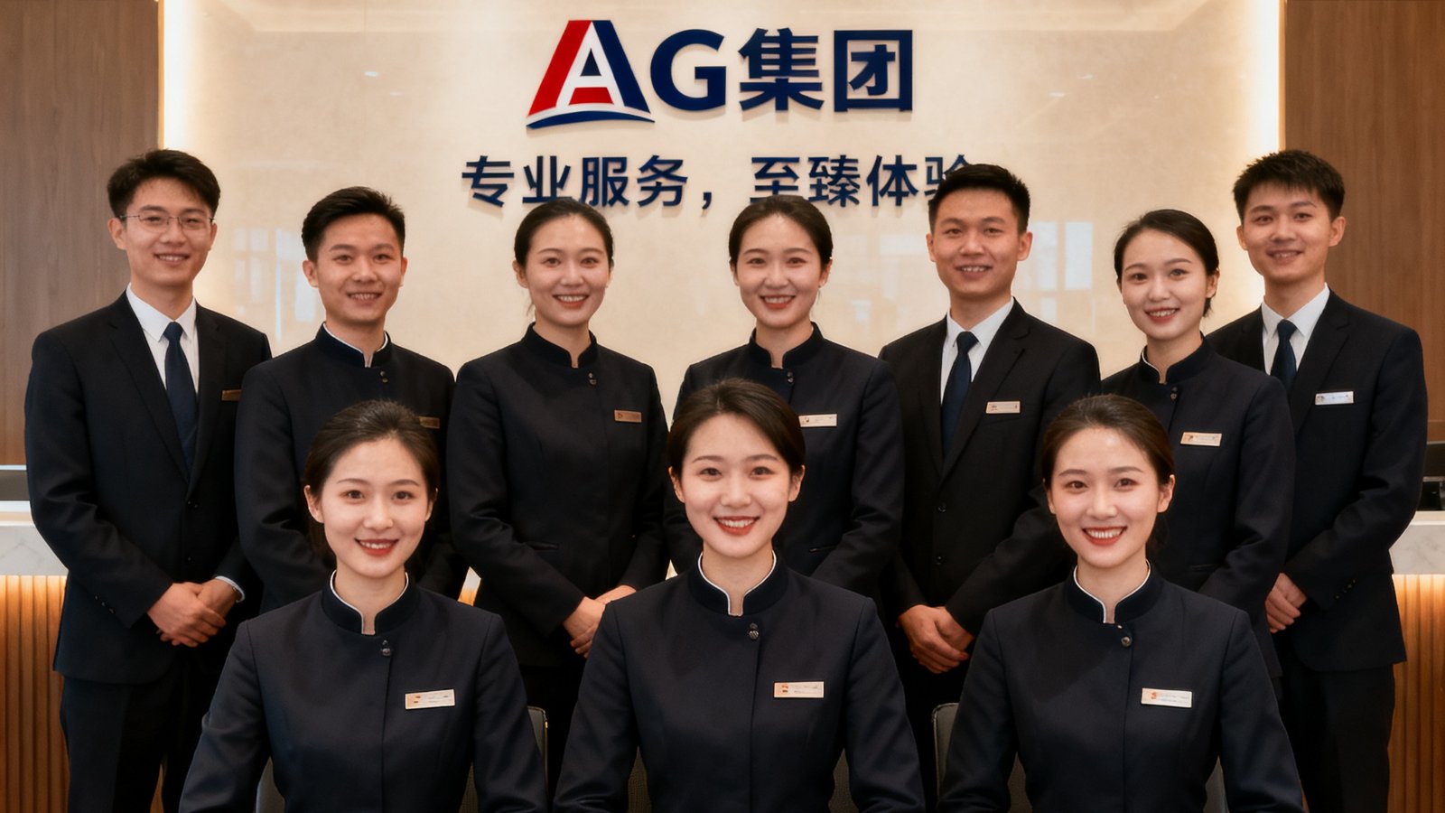 AG贵宾厅管家团队身着统一深色制服在培训中心合影，背景墙上有集团Logo和服务标语，团队成员面带微笑、姿态专业，展现高标准服务形象。